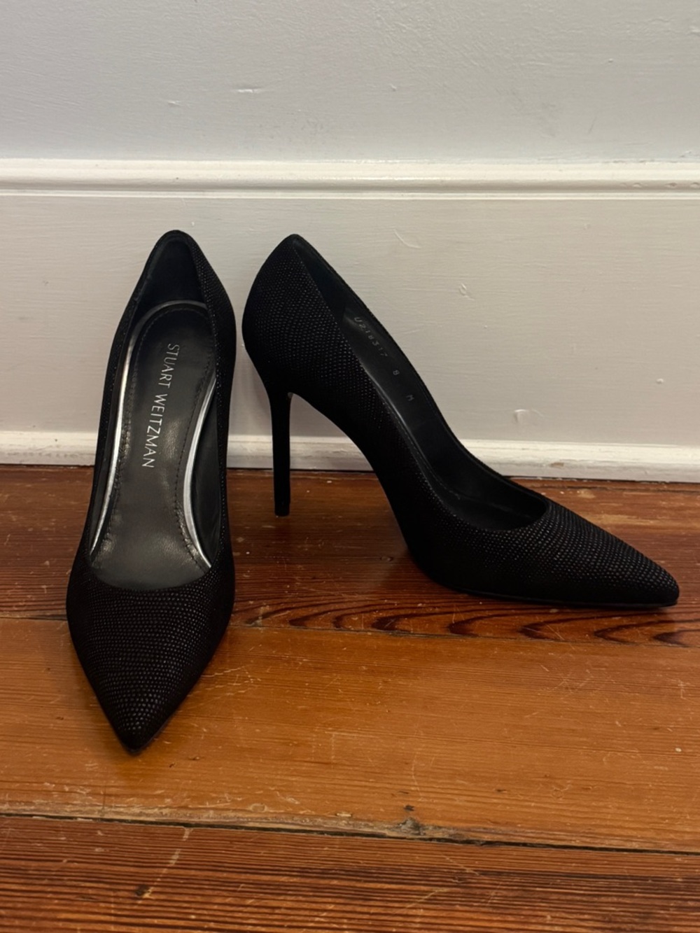 Stuart Weitzman Power 100MM Black Sparkle Fabric Pumps Women's Size 8